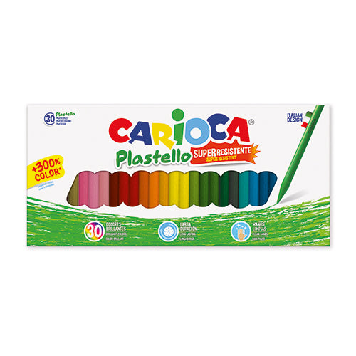 Caixa de 30 lápis de cera Carioca Plastello dispostos lado a lado, evidenciando a vasta gama de cores disponíveis.
