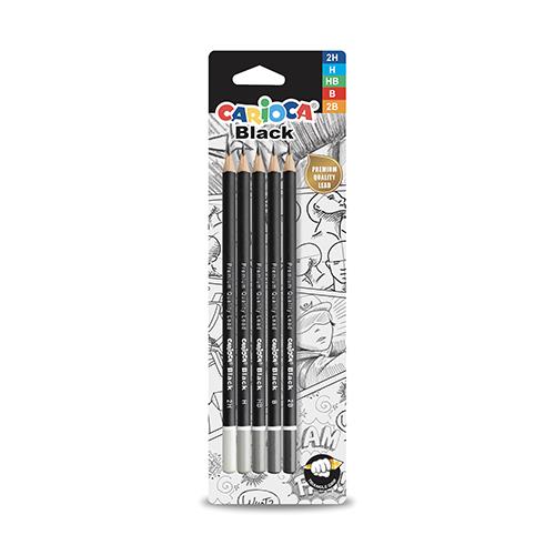 Caixa de 5 lápis grafite Carioca Black com graduações 2H, H, HB, B e 2B para desenho técnico e artístico.