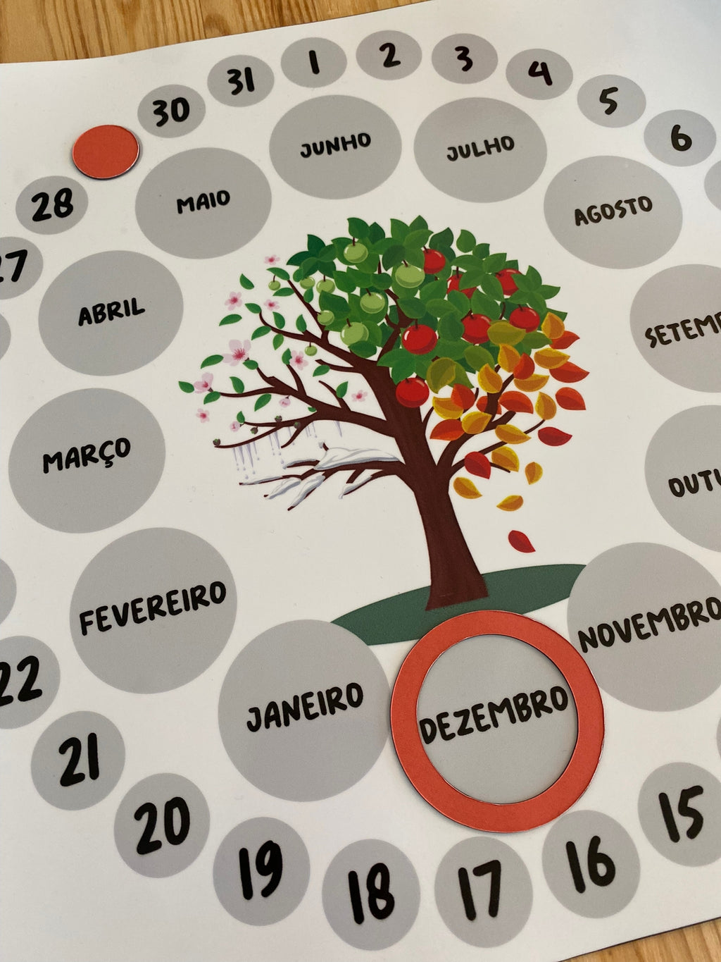 O calendário anual Gotu aplicado num frigorífico branco, demonstrando a sua utilização prática para acompanhar a passagem do tempo em família.
