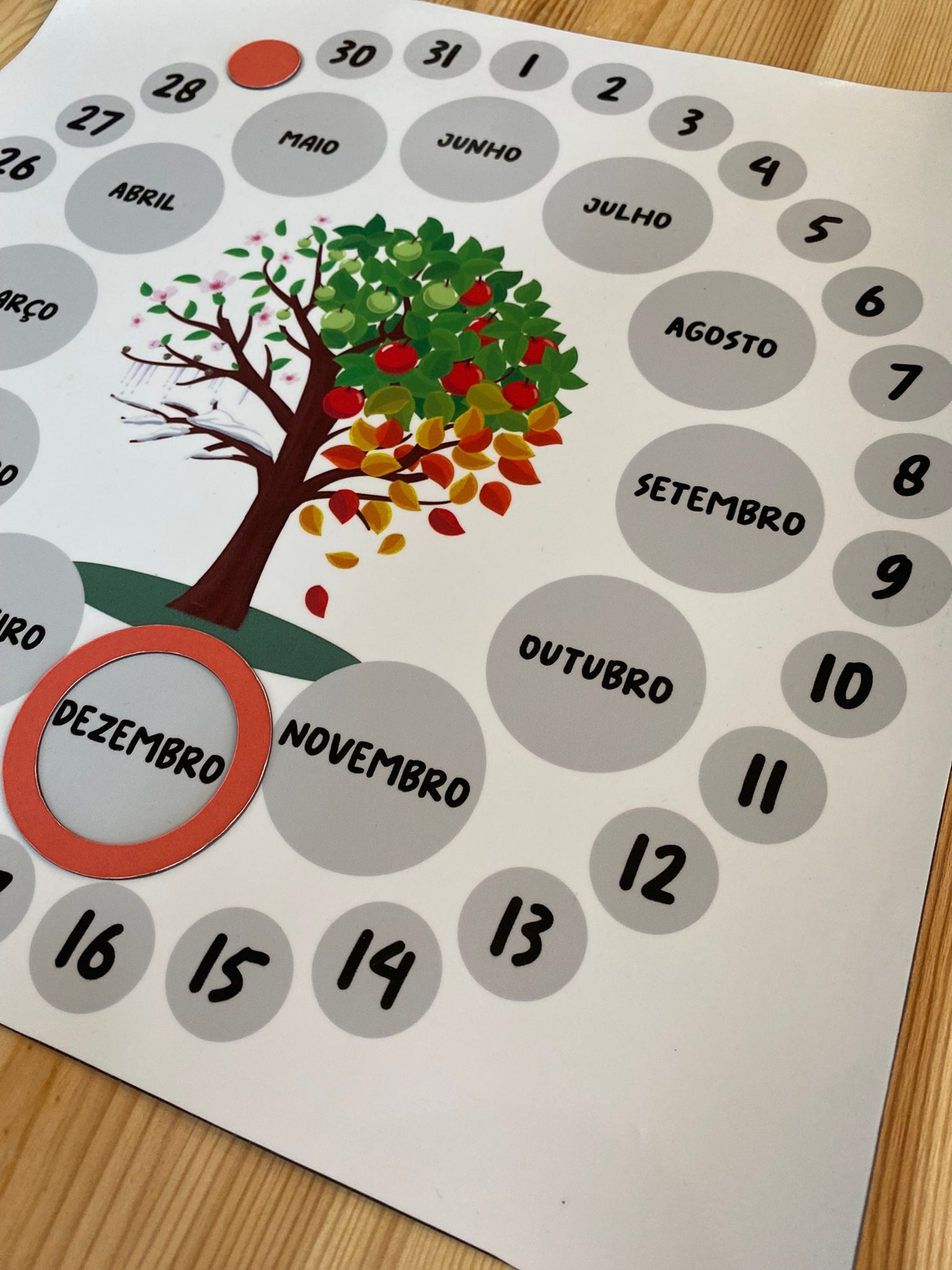 Três variantes de montagem do calendário Gotu: magnético, autocolante e quadro rijo, mostrando as opções de fixação disponíveis.