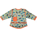 Camisa de alimentação Close com padrão de papagaios-do-mar e arco-íris, vista frontal com bolso.