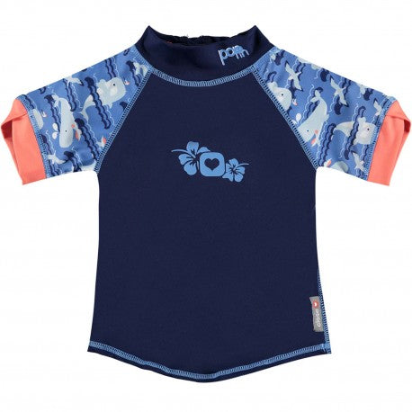 Camisola de praia com proteção UV e padrão de baleias para crianças.