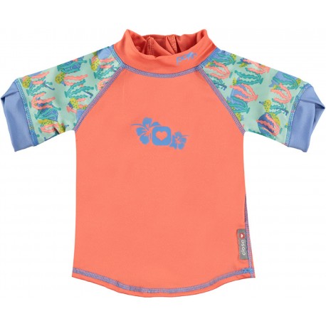 Camisola de proteção solar para bebé cor coral com mangas estampadas