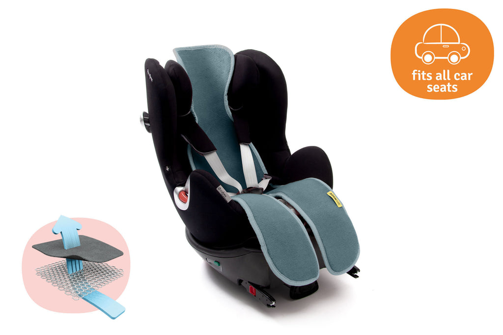 Capa anti transpirante Aeromoov AirLayer 3D cor azul-petróleo instalada numa cadeira auto preta, com ícone de circulação de ar e indicação 'fits all car seats'.