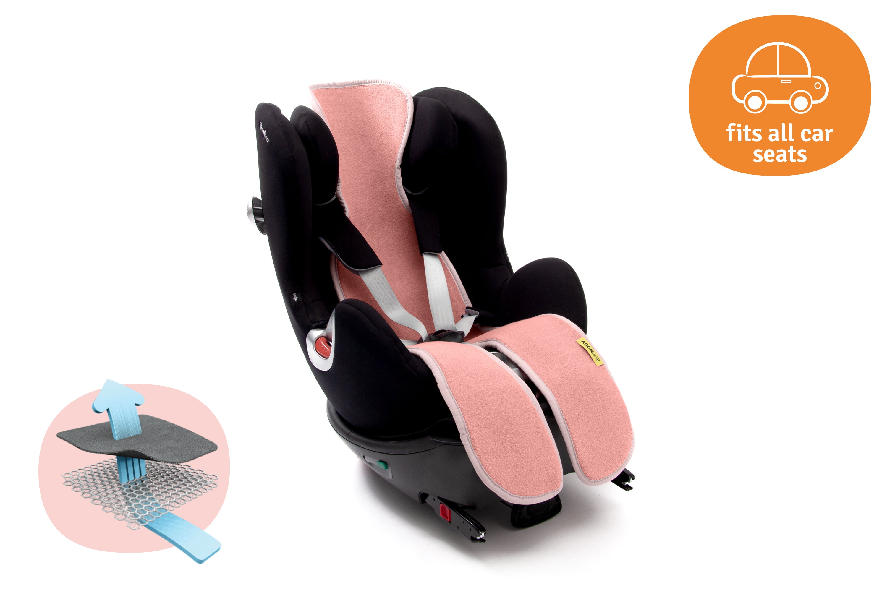 Capa anti transpirante Aeromoov AirLayer 3D cor-de-rosa instalada numa cadeira auto preta, com ícone de circulação de ar e indicação 'fits all car seats'.