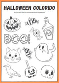 Capa do Ebook "Desenhos para Imprimir - Halloween" com ilustrações de abóbora, fantasma, morcego e doces.
