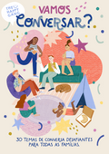 Capa do jogo de cartas "Vamos Conversar?" da The Happy Gang, com ilustrações coloridas de jovens e adultos reunidos, comendo pizza e a conversar.