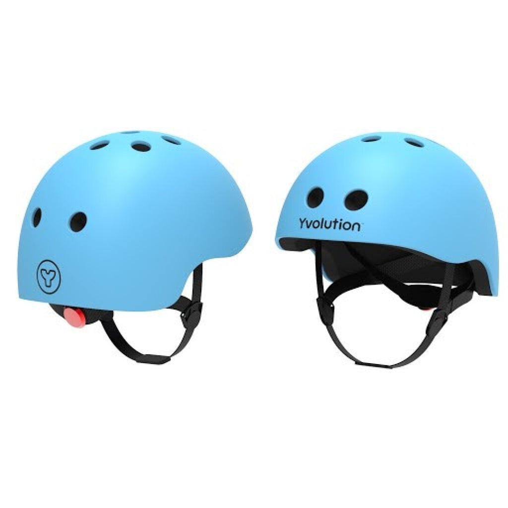 Vista lateral e frontal do capacete de proteção infantil Yvolution em cor azul claro.