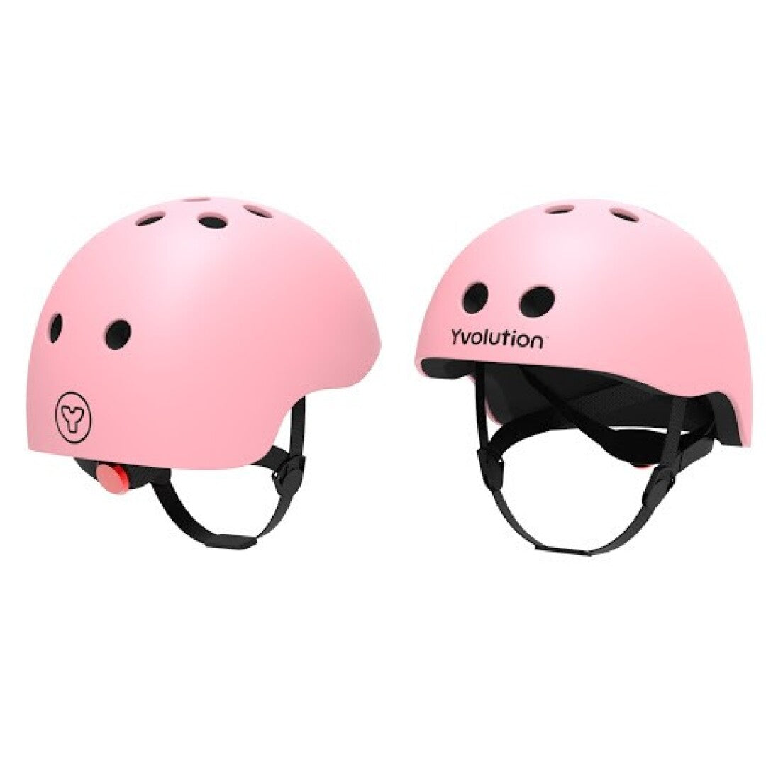 Capacete de proteção infantil Yvolution em cor rosa suave vista de dois ângulos.