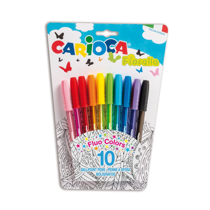 Conjunto de 10 esferográficas Carioca Fiorella com ponta de 1mm em várias cores vibrantes sobre fundo branco.