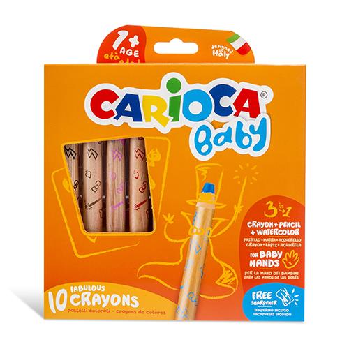 Caixa de 10 lápis de cera Carioca Baby 3 em 1 com design ergonómico para crianças.