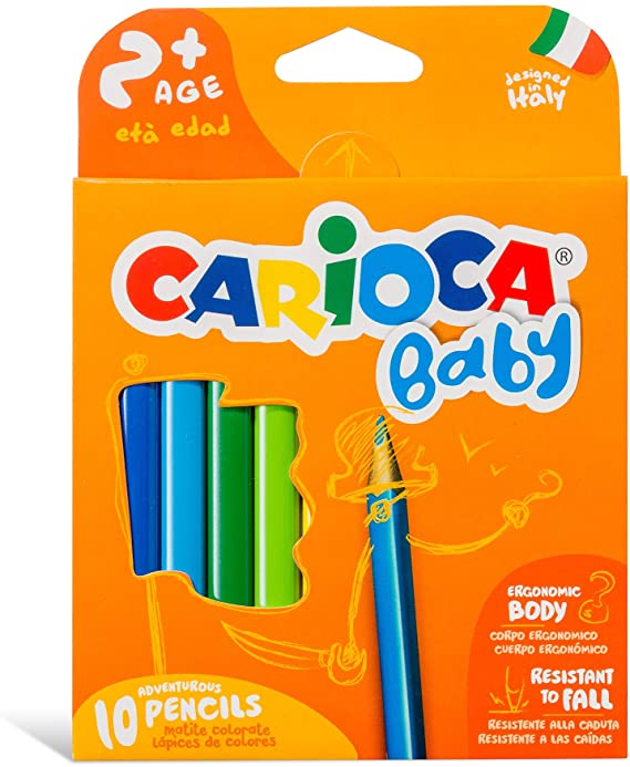 Caixa de lápis de cor Carioca Baby com 10 unidades, design ergonómico triangular e embalagem laranja vibrante.