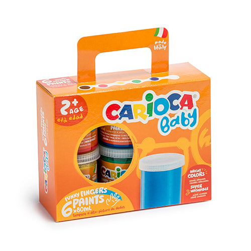 Conjunto Carioca Baby de 6 boiões de tinta lavável para mãos, cores primárias vibrantes, embalagem de 80ml cada, ideal para crianças a partir dos 2 anos.
