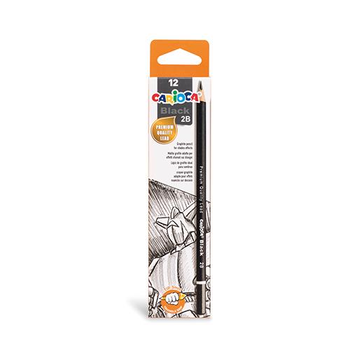 Caixa de 12 lápis grafite Carioca Black 2B com design de embalagem laranja e cinzenta.