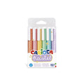 Embalagem de cartao com 6 marcadores pastel da marca Carioca visiveis na parte frontal.
