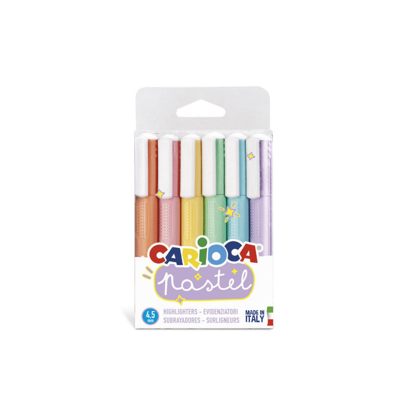 Embalagem de cartao com 6 marcadores pastel da marca Carioca visiveis na parte frontal.