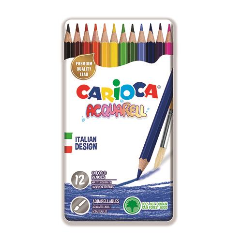 Caixa metálica Carioca com 12 lápis de cor aguareláveis e um pincel, design italiano.