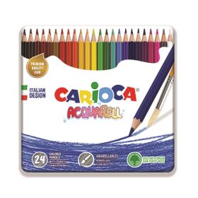 Caixa metálica Carioca com 24 lápis de cor aguareláveis dispostos em gradiente de cores.