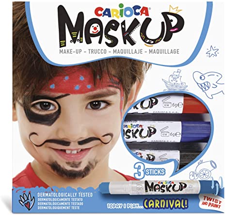 Conjunto de 3 barras de pintura facial Carioca Mask Up para Carnaval com embalagem ilustrada.