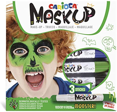 Embalagem do conjunto de pintura facial Carioca Mask Up tema Monstro com 3 barras e uma criança com pintura de monstro no rosto.