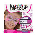 Conjunto de 3 barras de pintura facial Carioca Mask Up Princesas com embalagem colorida e imagem de menina pintada como borboleta.