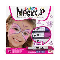 Conjunto de 3 barras de pintura facial Carioca Mask Up Princesas com embalagem colorida e imagem de menina pintada como borboleta.