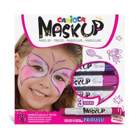 Conjunto de 3 barras de pintura facial Carioca Mask Up Princesas com embalagem colorida e imagem de menina pintada como borboleta.