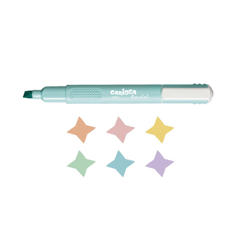 Marcador pastel da marca Carioca individual com seis estrelas coloridas em tons pastel por baixo.