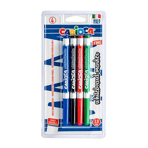 Blister com 4 marcadores Carioca de ponta fina para quadro branco nas cores azul, preto, vermelho e verde.
