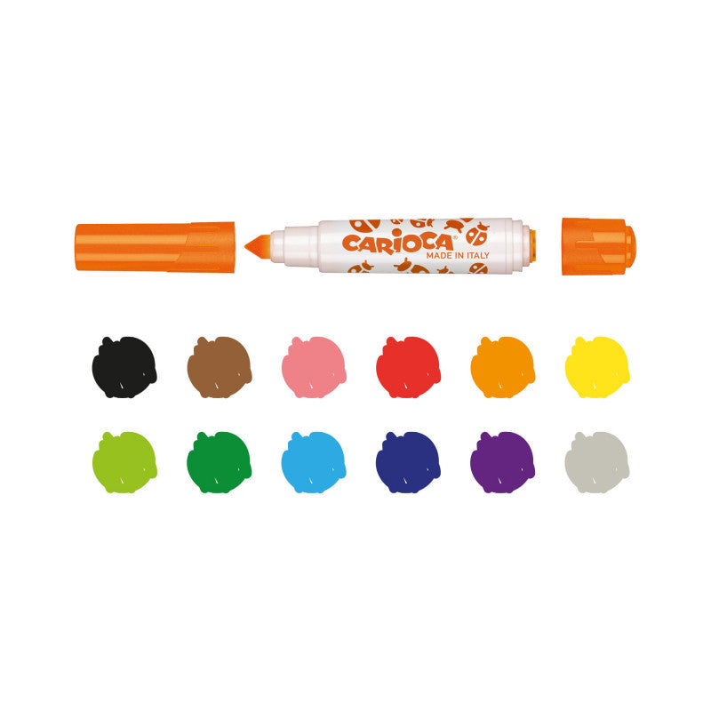 Marcador laranja CARIOCA Stamperello aberto mostrando a ponta e paleta de cores disponíveis