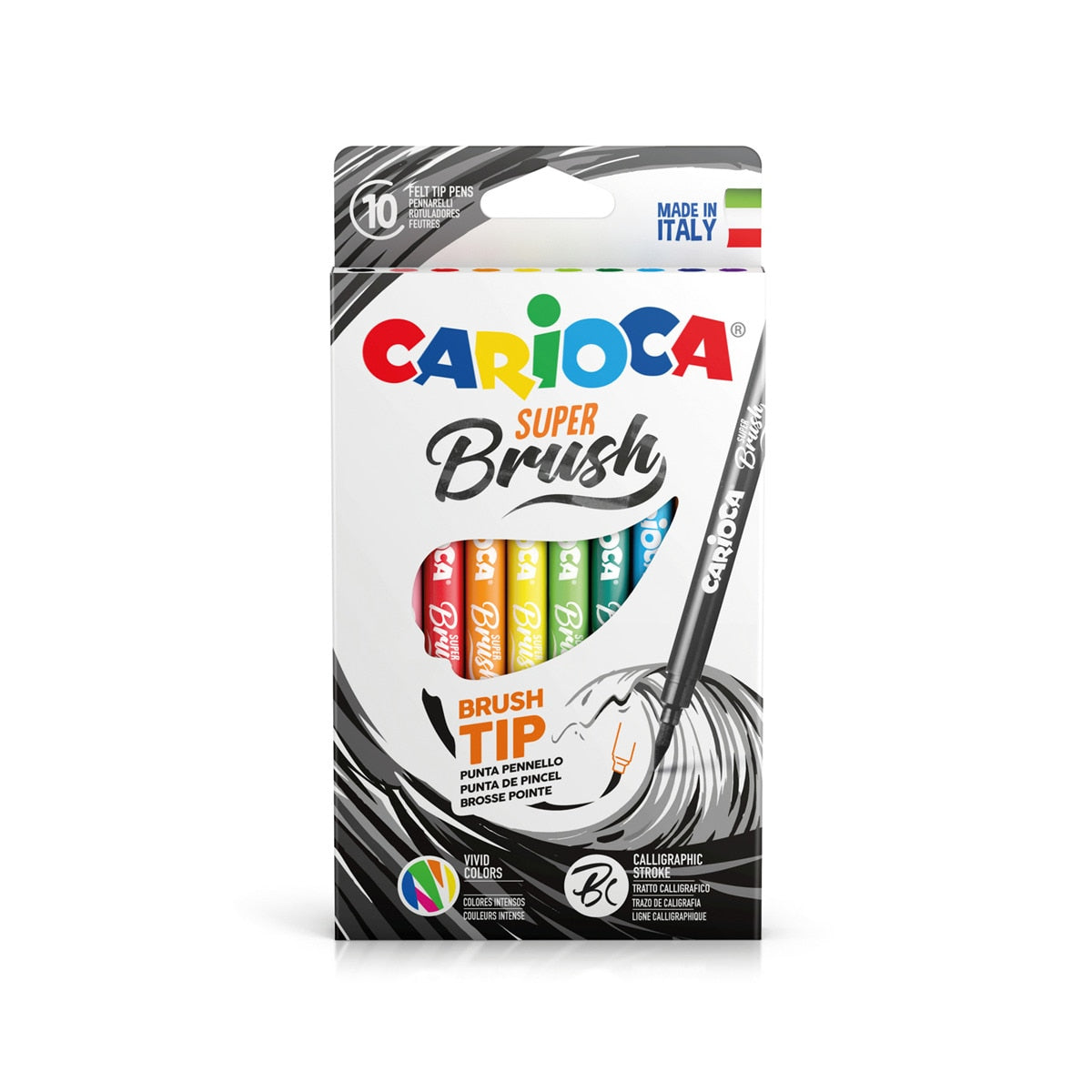 Caixa de 10 marcadores Carioca Super Brush com ponta de pincel.