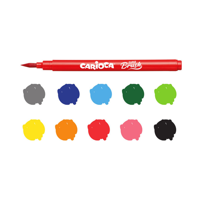 Marcador Carioca Super Brush vermelho com amostras de cores.
