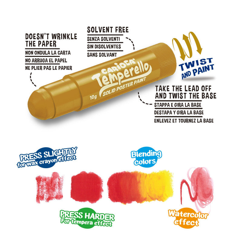 Stick de guache sólido Carioca Temperello dourado com instruções de utilização e efeitos de pintura