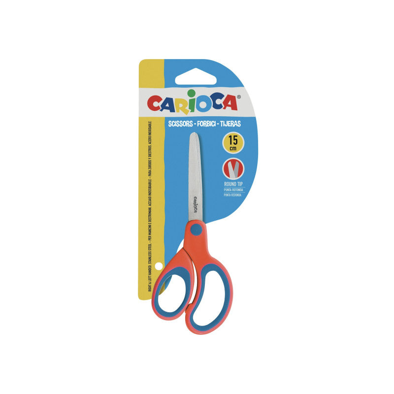 Tesoura escolar Carioca de 15cm com lâminas de aço inoxidável e pega ergonómica colorida, ideal para crianças destras ou canhotas.