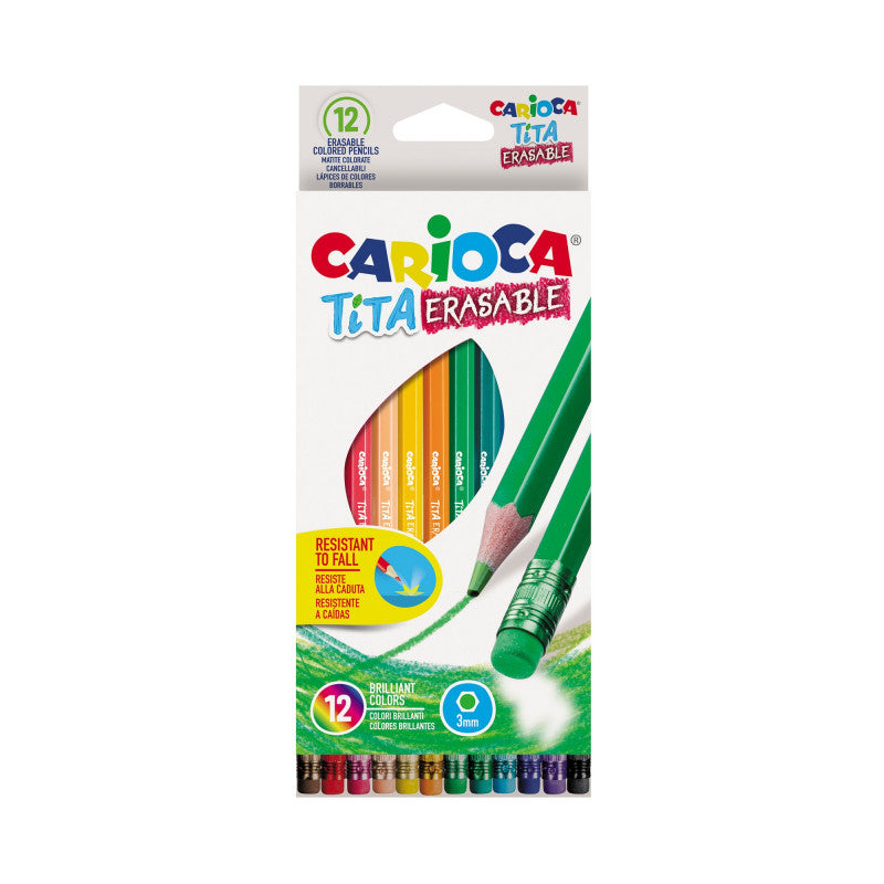 Caixa de 12 lápis de cor Carioca Tita Erasable com borracha, exibindo cores vibrantes e design ergonómico.