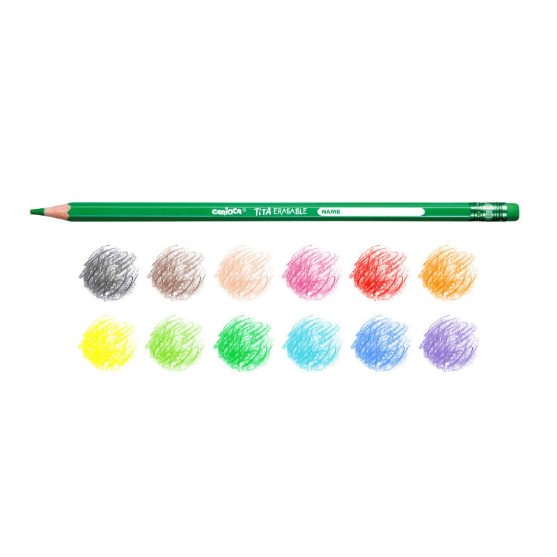 Lápis de cor verde Carioca Tita com borracha na ponta e amostras de cores correspondentes abaixo.