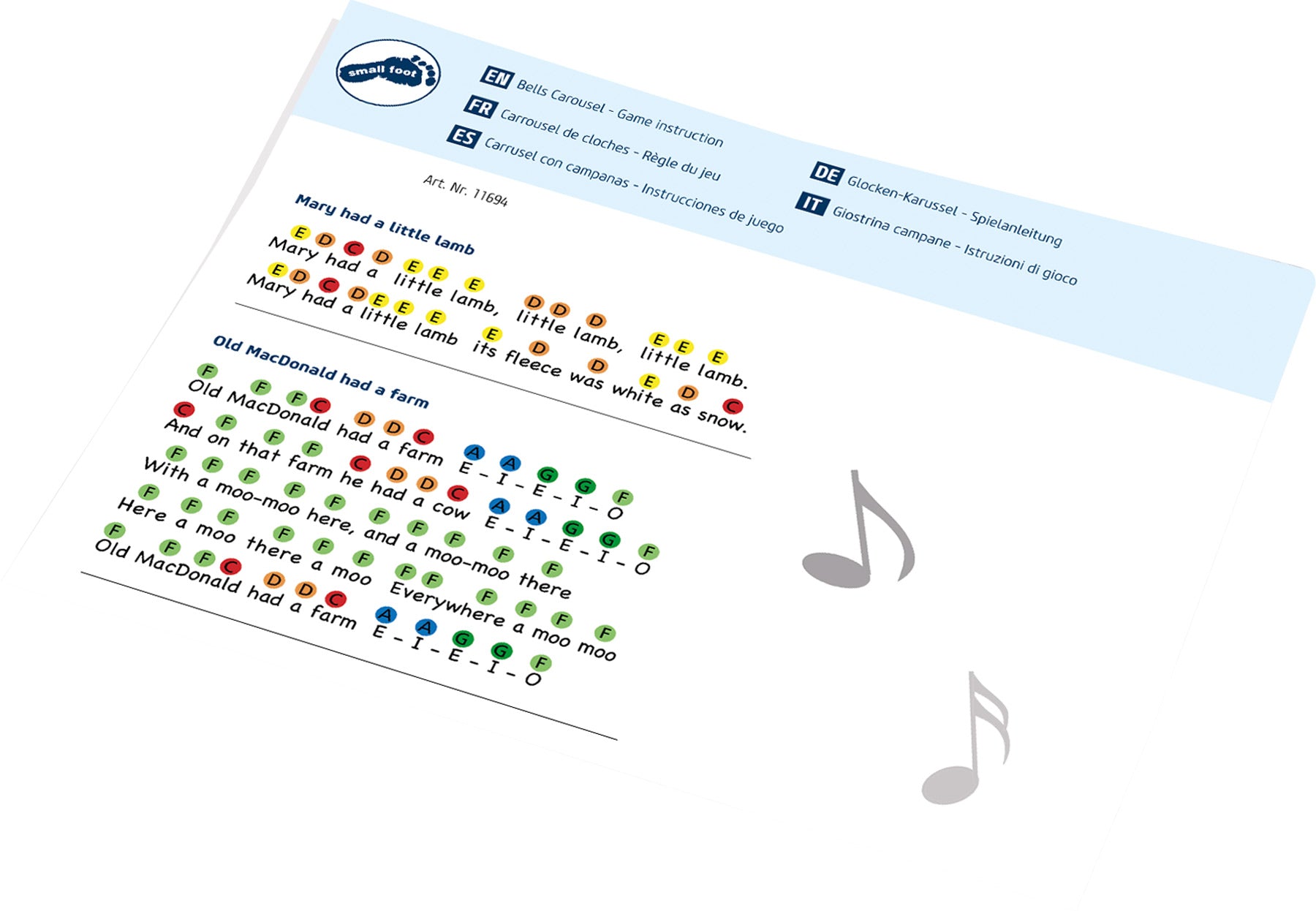 Partitura musical incluída com o carrossel de sinos small foot, mostrando as notas para oito canções populares para crianças.