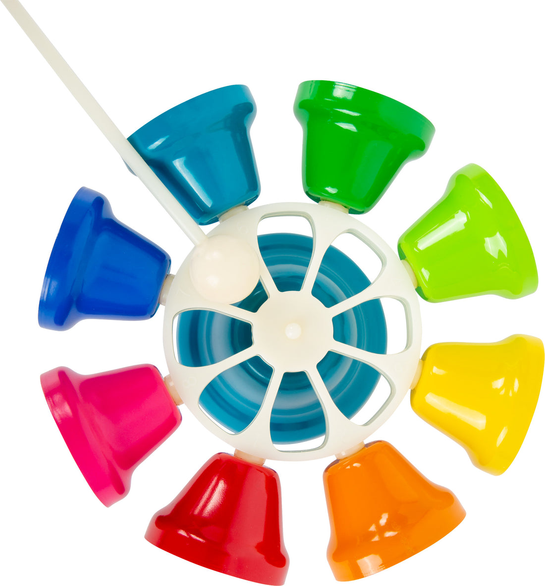 Carrossel de sinos small foot com oito sinos coloridos, visto de cima, com o martelo próximo. Brinquedo musical educativo para crianças.