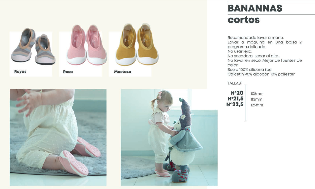 Página de catálogo dos Banannas Baby Shoes, apresentando diferentes modelos e cores. O design barefoot e respeitador adapta-se ao crescimento natural do pé do bebé.

