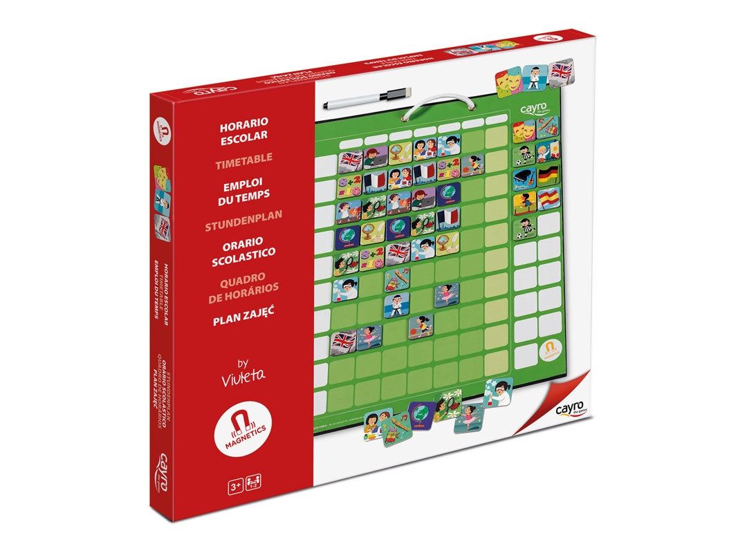 Calendário escolar magnético e editável da Cayro, embalagem e visualização do quadro com ímanes.