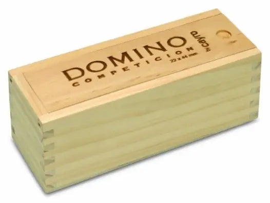 Vista frontal do Cayro Jogo Dominó com a elegante caixa de madeira fechada, exibindo o logótipo Cayro.