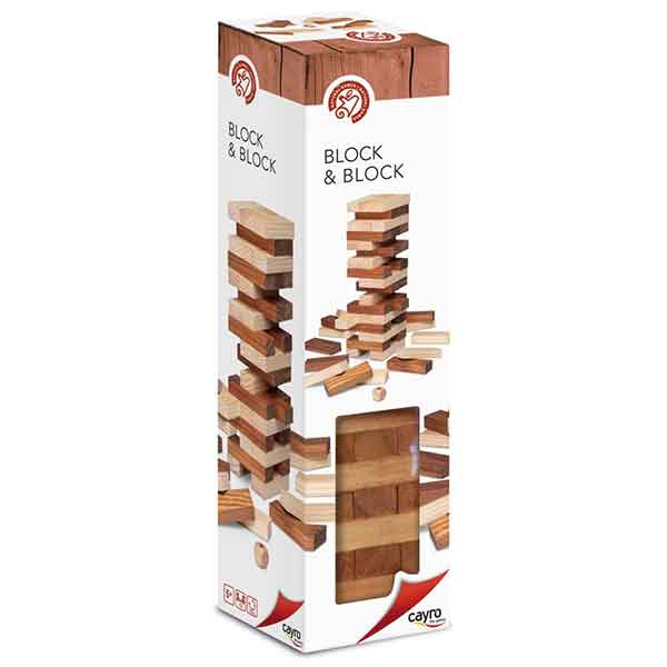 Torre Jenga Cayro de madeira natural empilhada, pronta para jogar, destacando a qualidade e o aspeto clássico do jogo de equilíbrio.