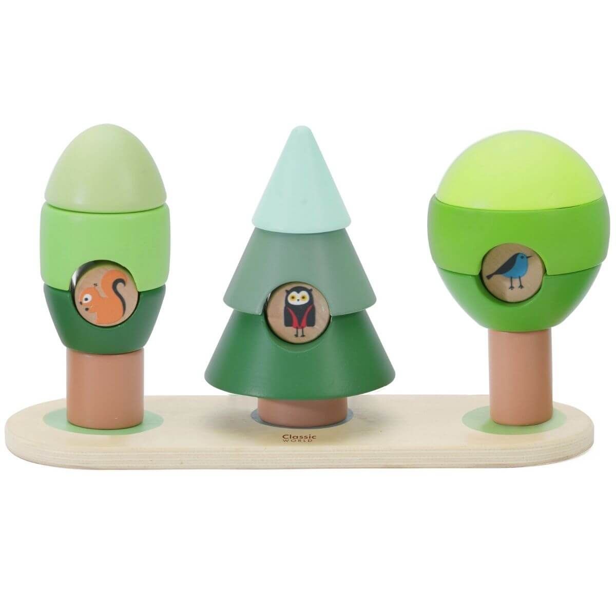 Árvores de jardim empilháveis Classic World com esquilo, coruja e pica-pau, um brinquedo educativo de madeira para coordenação motora fina.