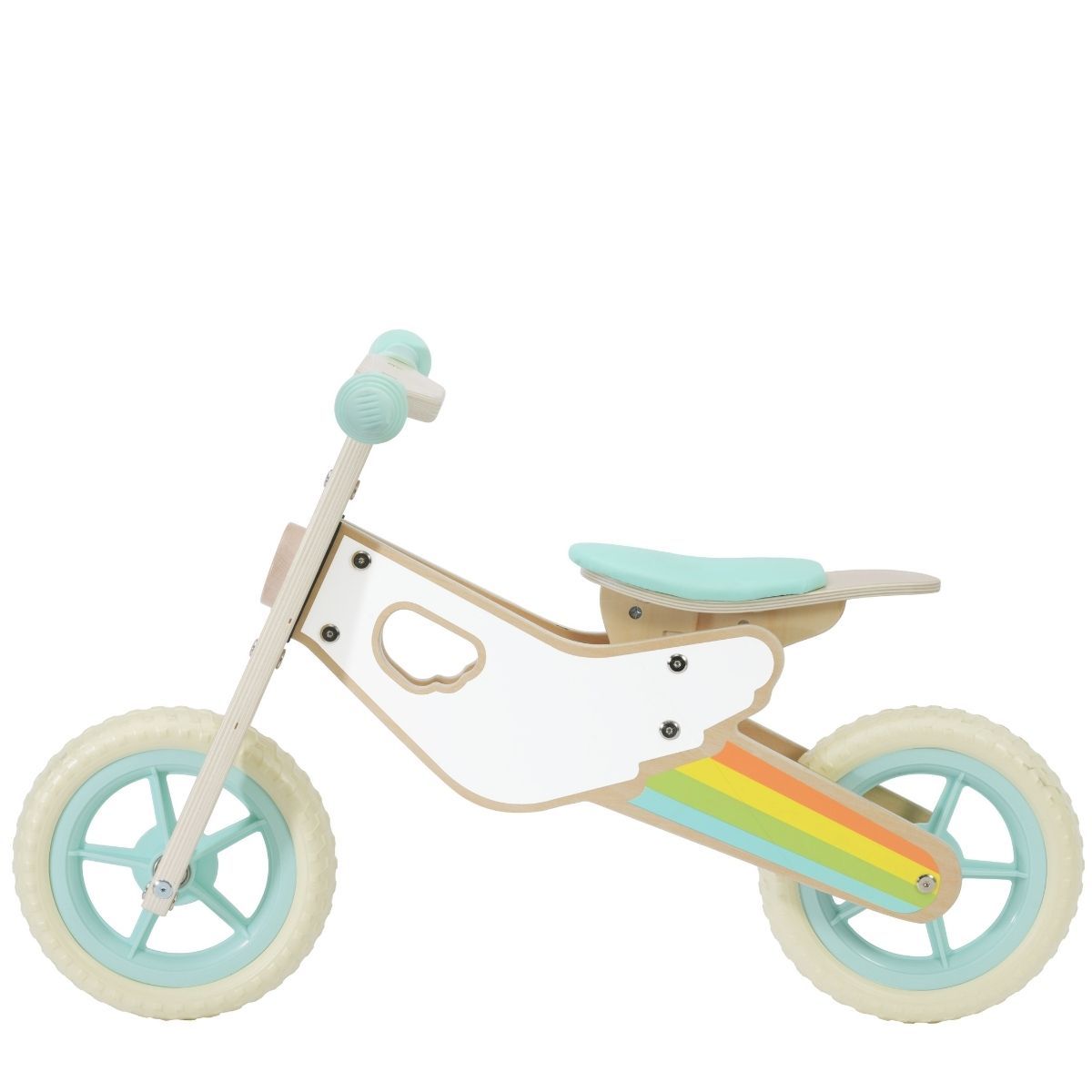 Bicicleta de equilíbrio Classic World arco-íris vista lateralmente, destacando o design leve e o arco-íris pintado na roda traseira.