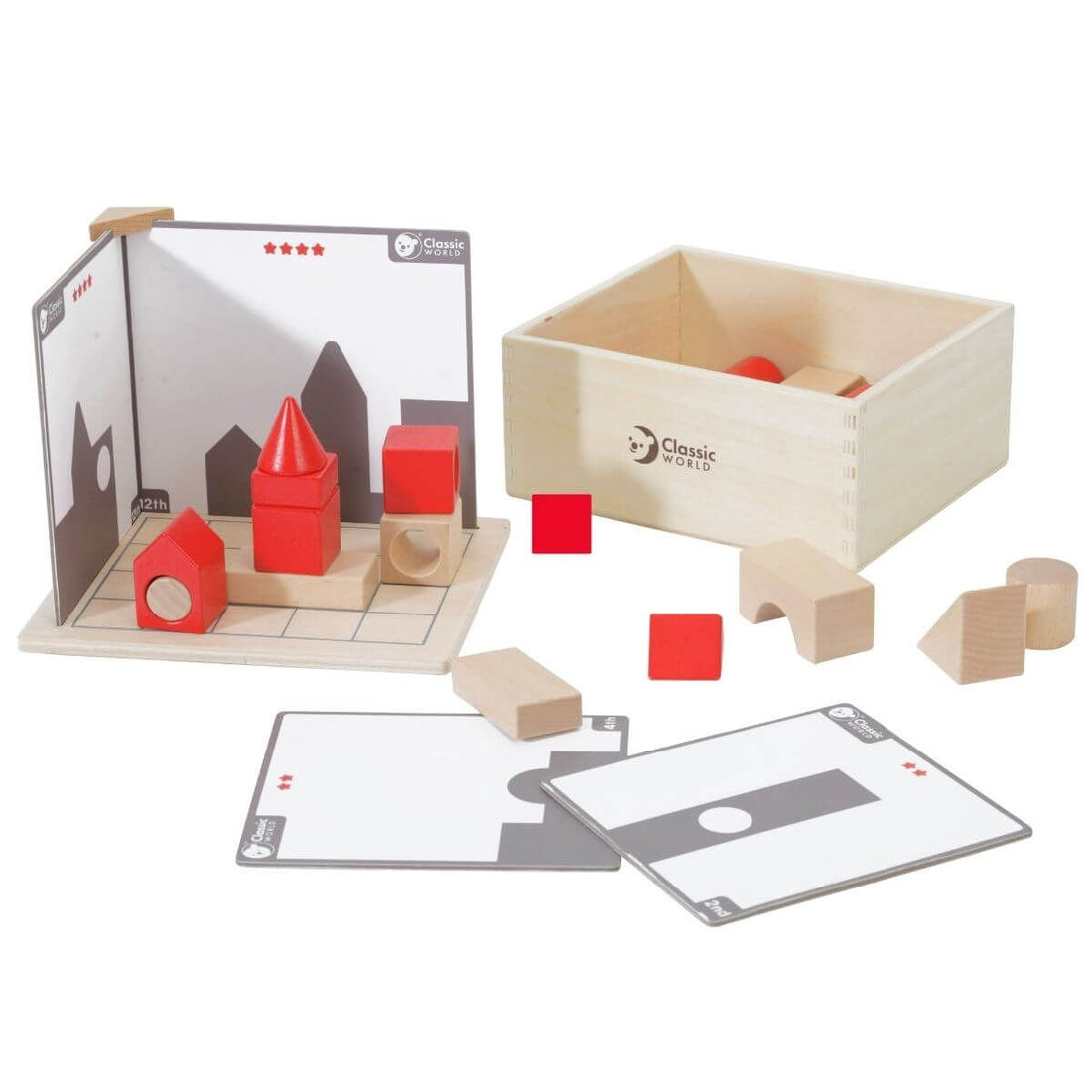 Conjunto Classic World Blocos de Construção com Sombras. Inclui blocos de madeira, cartas de desafio e caixa de armazenamento.