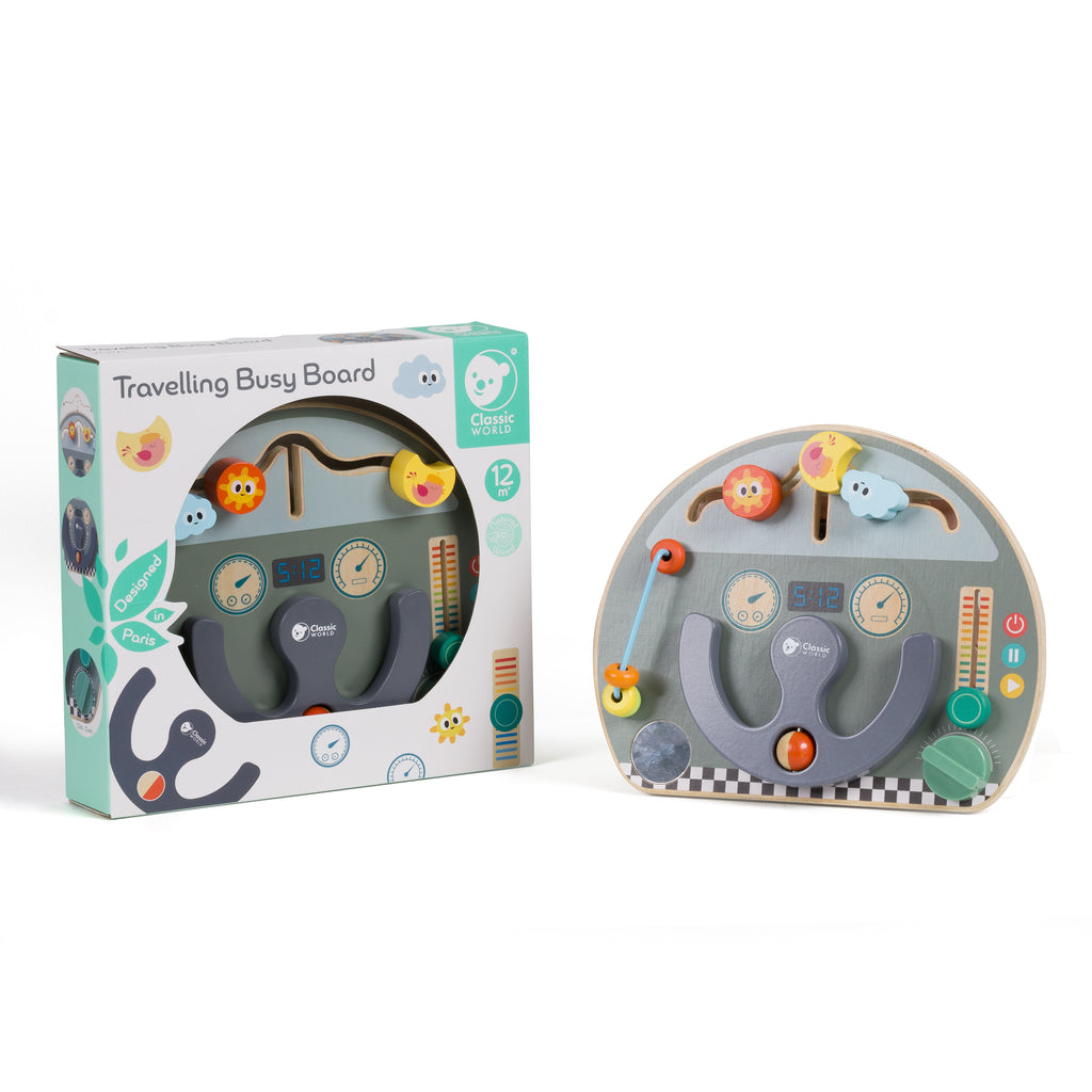 Classic World busy board Quadro de atividades Volante ao lado da sua embalagem original.