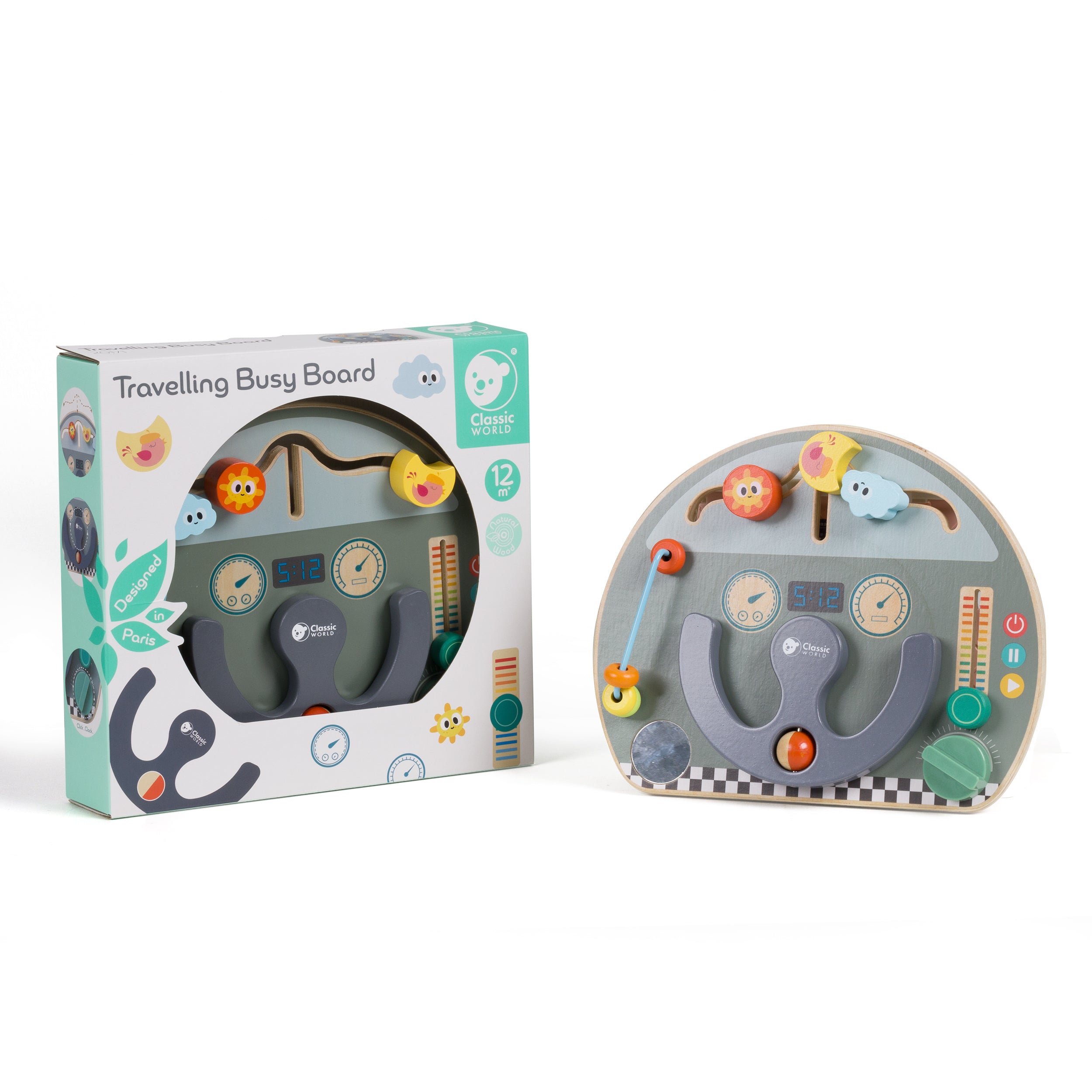 Classic World busy board Quadro de atividades Volante ao lado da sua embalagem original.