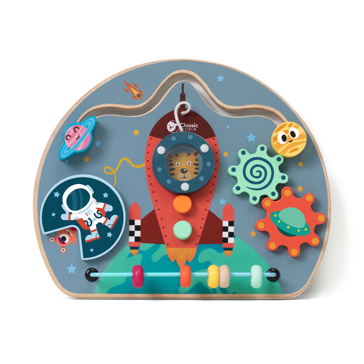 Quadro de atividades Classic World com tema de foguete, apresentando labirinto, engrenagens, contas e elementos espaciais para desenvolvimento infantil.