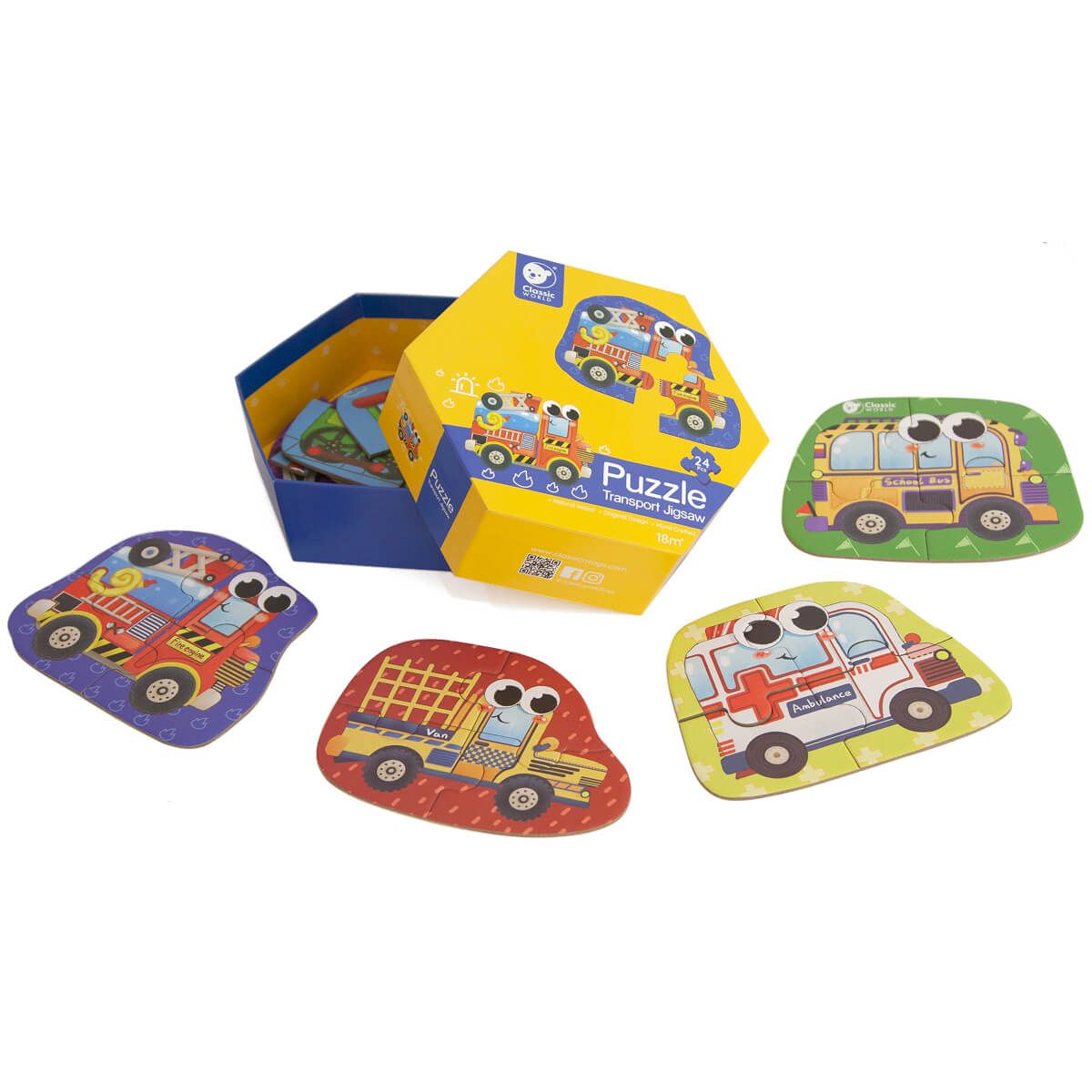 Caixa aberta do puzzle Classic World com peças soltas representando meios de transporte: ambulância, autocarro, camião de bombeiros e carrinha.
