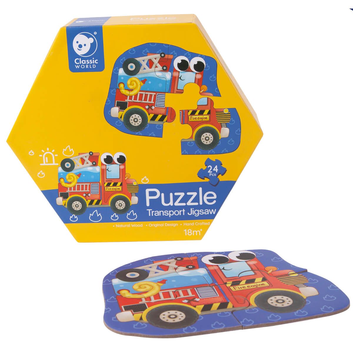 Caixa hexagonal amarela do puzzle Classic World com ilustração de camião de bombeiros e peça solta do puzzle.